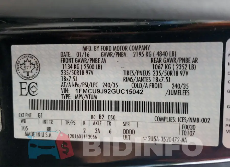1FMCU9J92GUC15042 Photo# 13