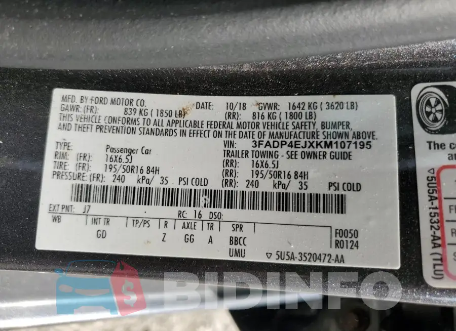 3FADP4EJXKM107195 Photo# 12