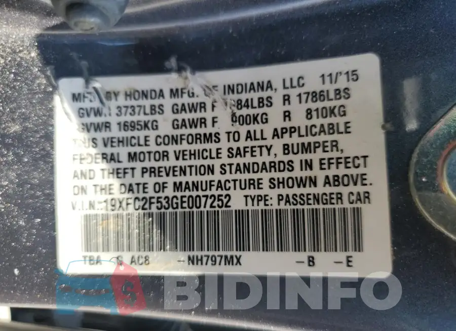 19XFC2F53GE007252 Photo# 13