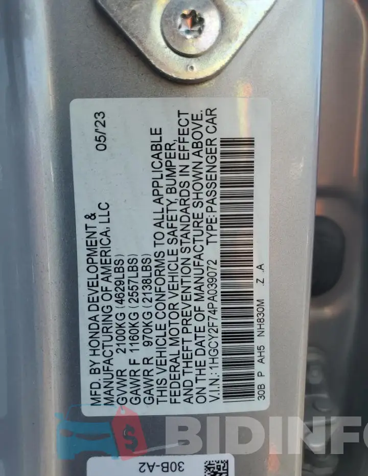 1HGCY2F74PA039072 Photo# 12