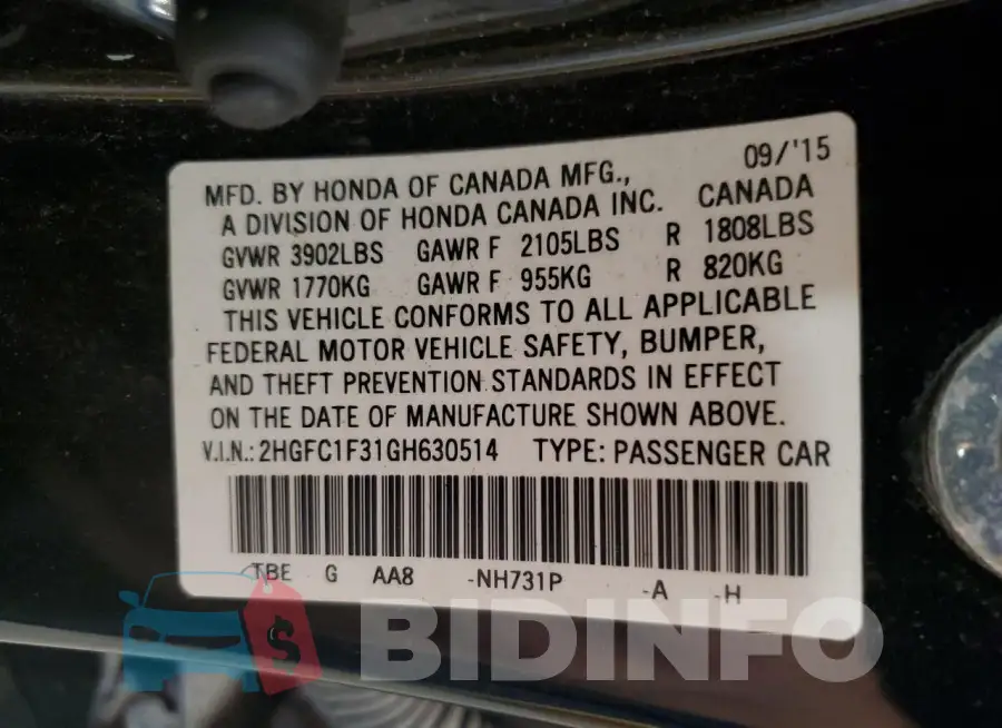 2HGFC1F31GH630514 Photo# 12
