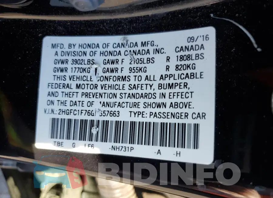 2HGFC1F76GH657663 Photo# 12