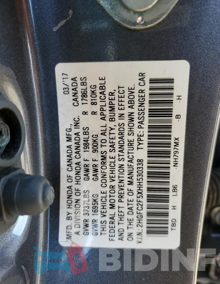 2HGFC2F5XHH530338 Photo# 13