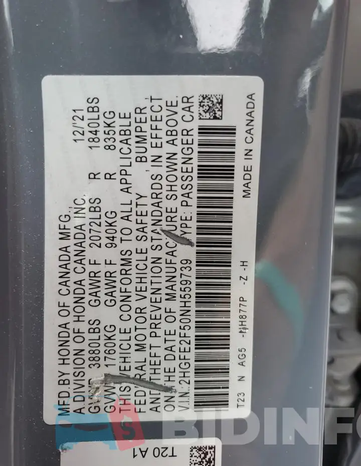 2HGFE2F50NH559739 Photo# 13