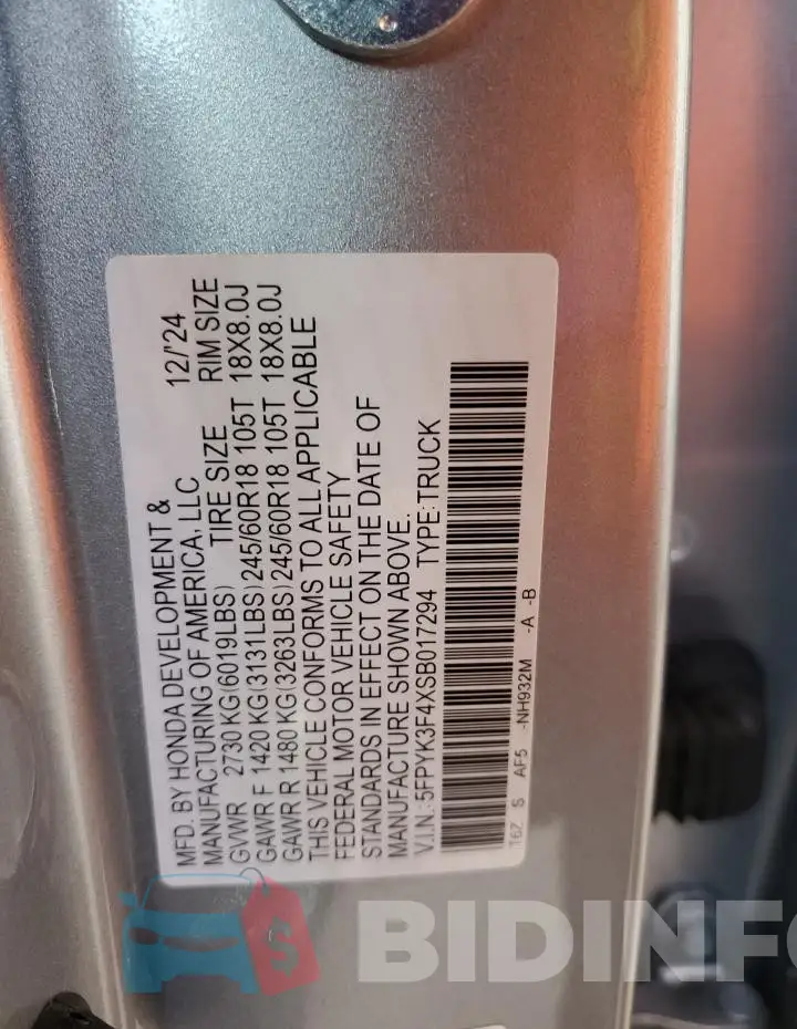 5FPYK3F4XSB017294 Photo# 13