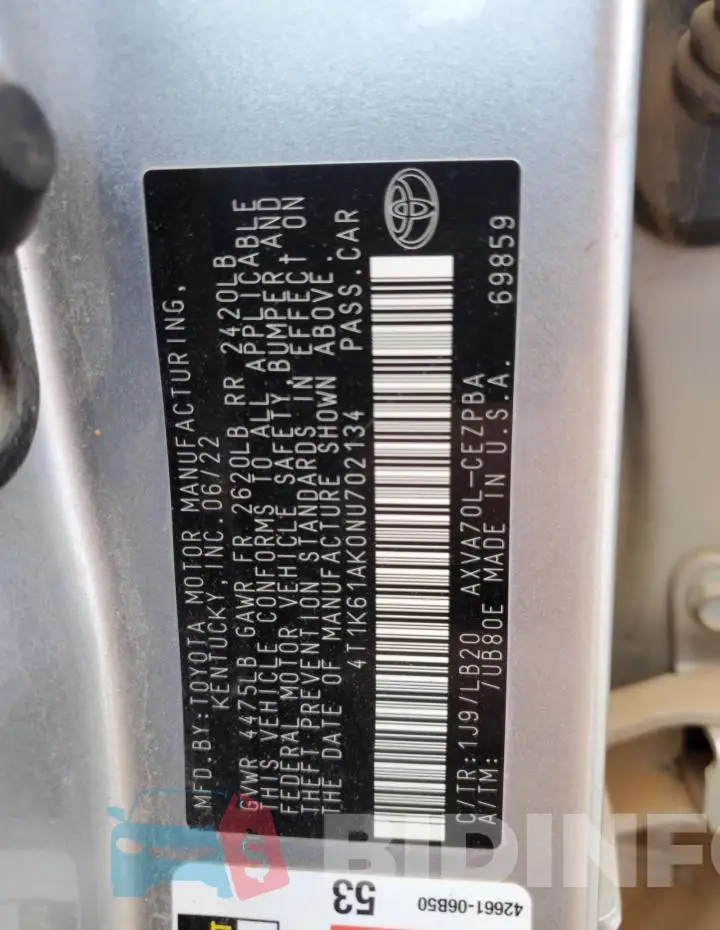 4T1K61AK0NU702134 Photo# 12