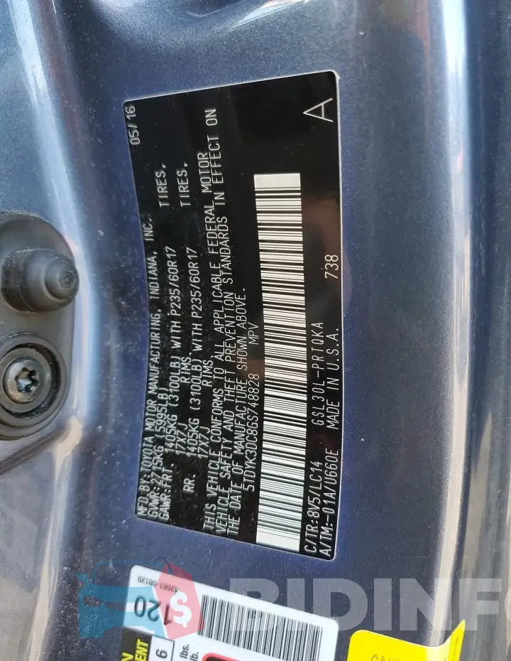 5TDYK3DC8GS748828 Photo# 14