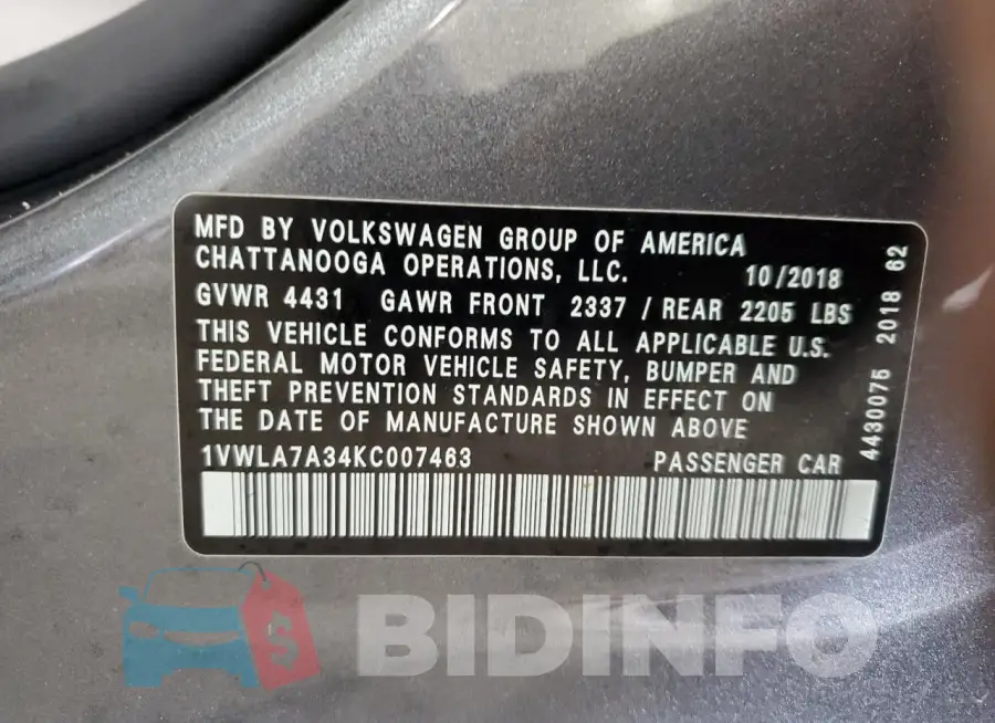 1VWLA7A34KC007463 Photo# 13