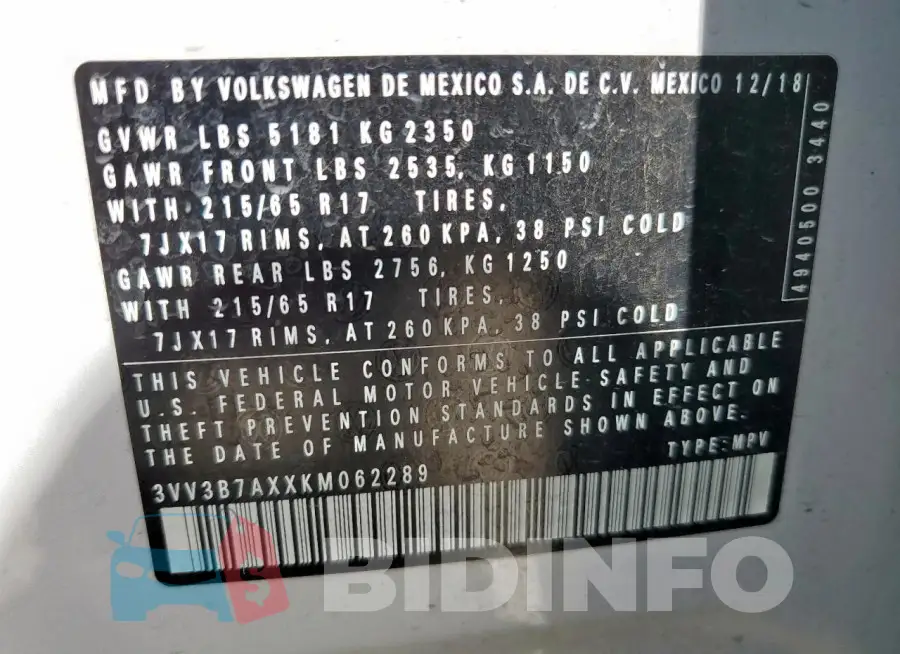 3VV3B7AXXKM062289 Photo# 13