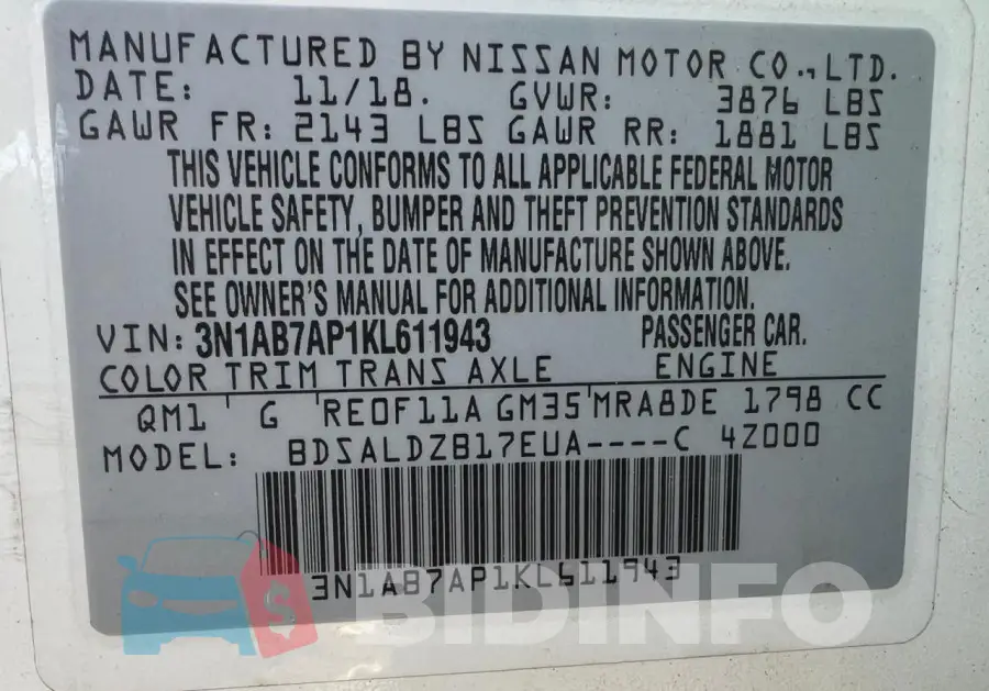 3N1AB7APLKL611943 Photo# 10