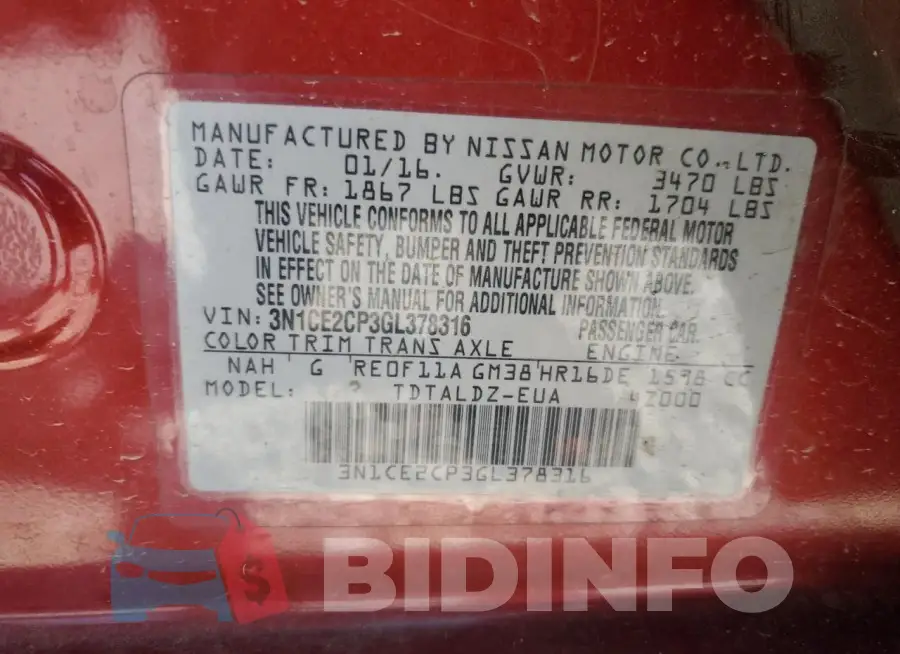 3N1CE2CP3GL378316 Photo# 12