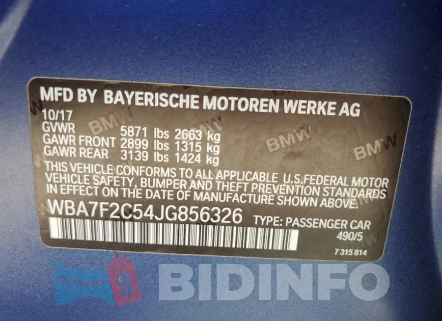WBA7F2C54JG856326 Photo# 13