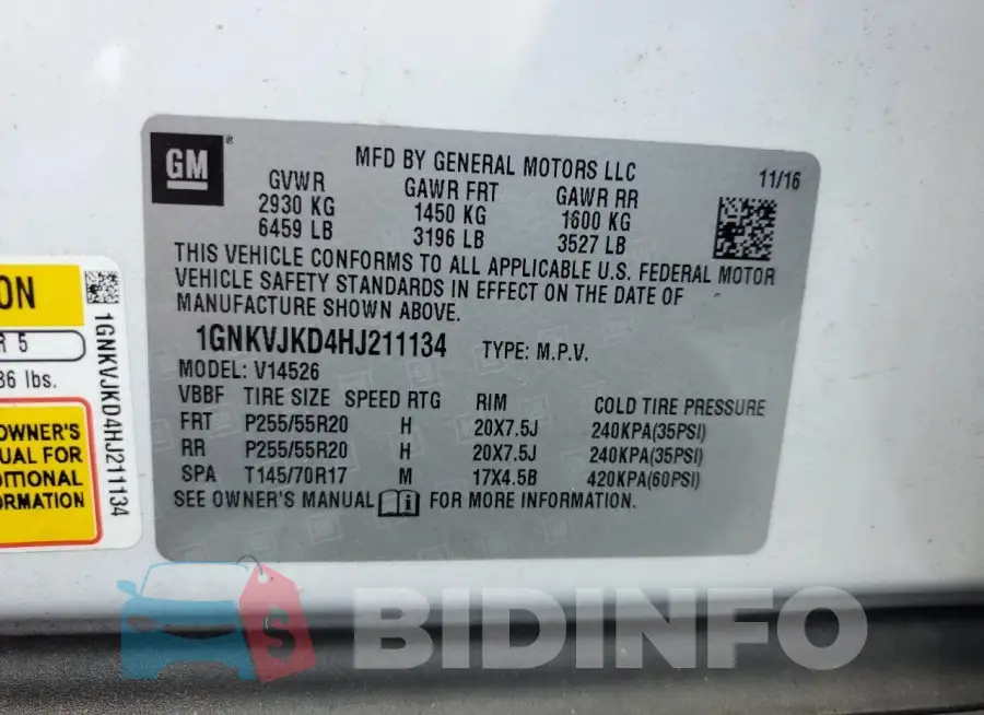 1GNKVJKD4HJ211134 Photo# 14