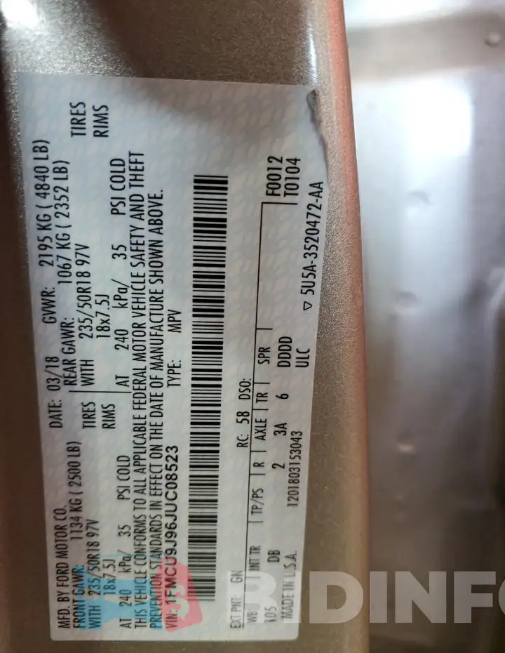 1FMCU9J96JUC08523 Photo# 13