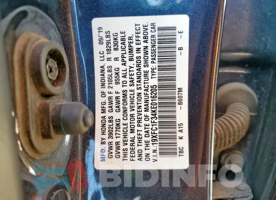 19XFC1F34KE016205 Photo# 10