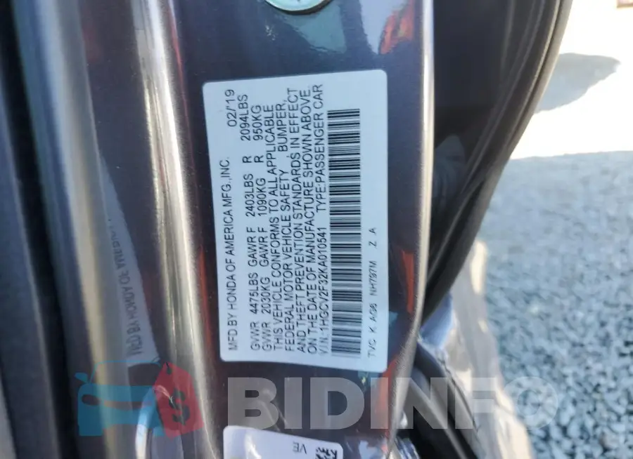 1HGCV2F32KA010541 Photo# 12