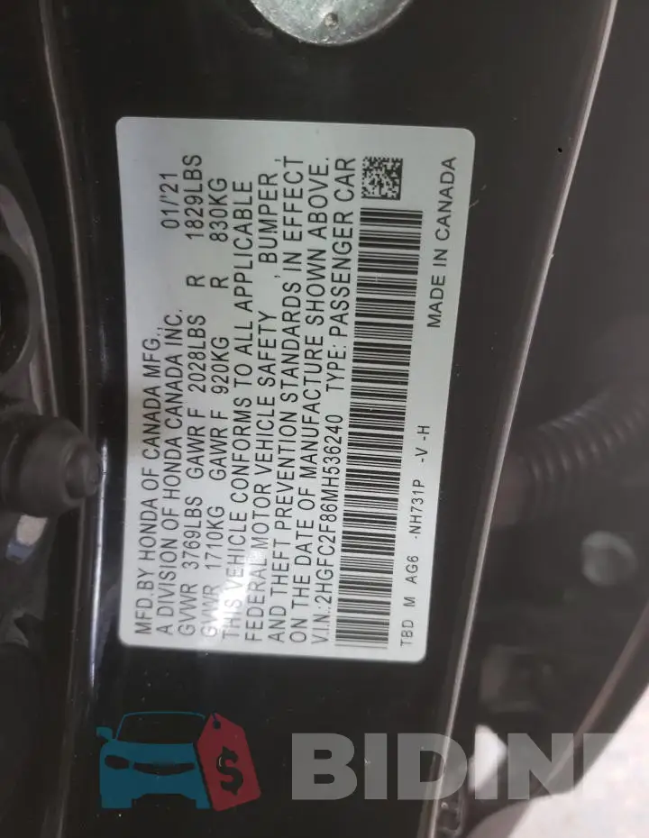 2HGFC2F86MH536240 Photo# 12