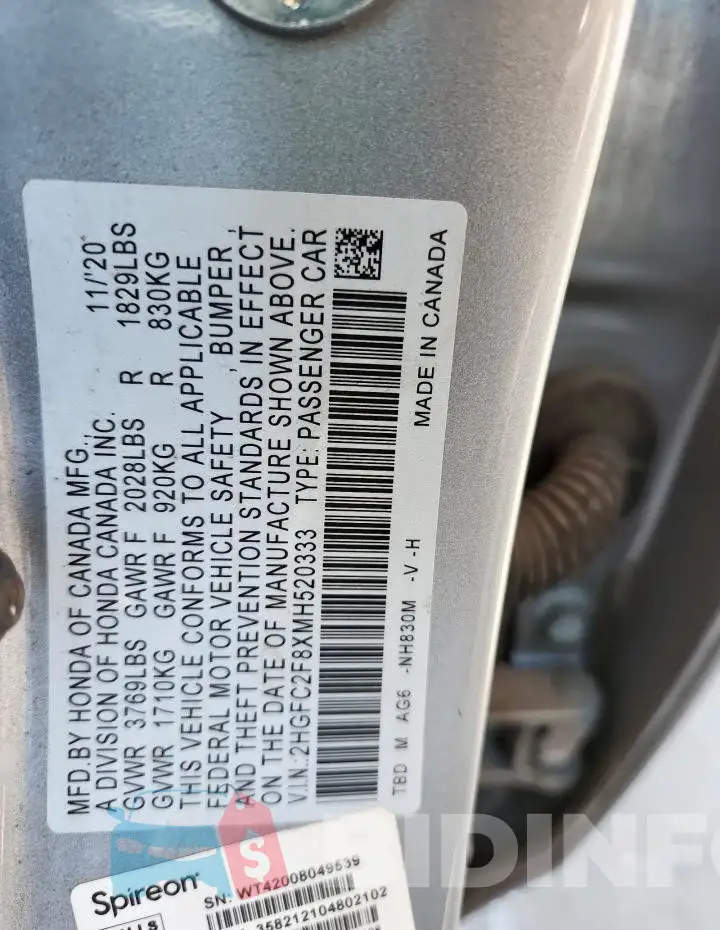 2HGFC2F8XMH520333 Photo# 12