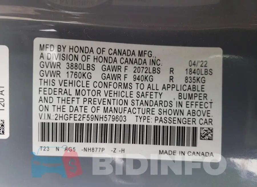 2HGFE2F59NH579603 Photo# 12