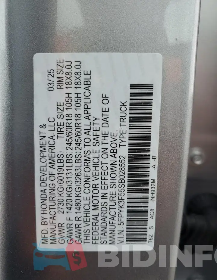 5FPYK3F55SB028552 Photo# 13