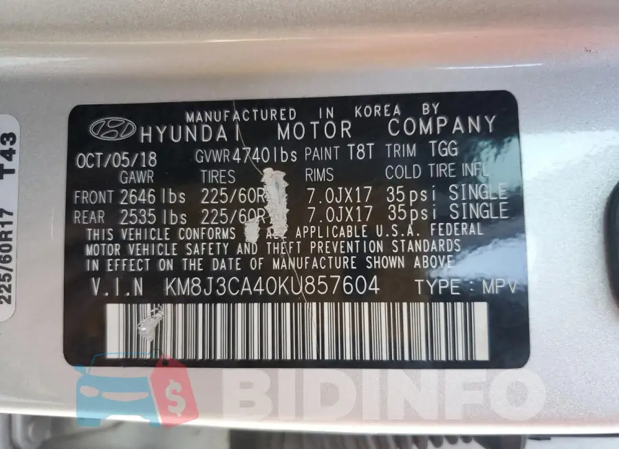 KM8J3CA40KU857604 Photo# 13