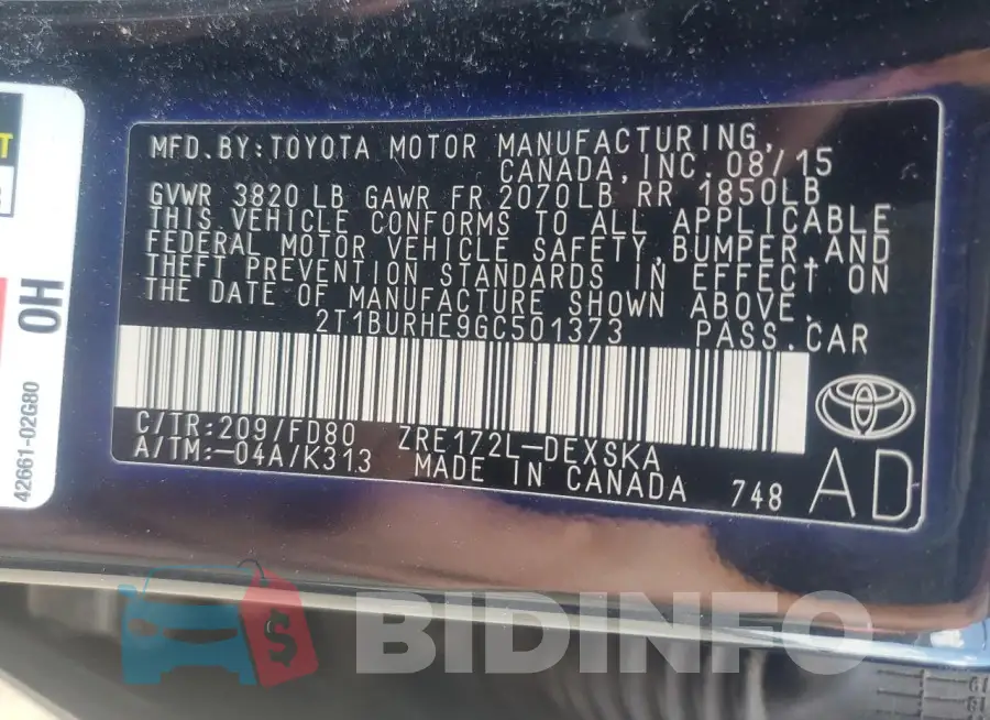 2T1BURHE9GC501373 Photo# 12