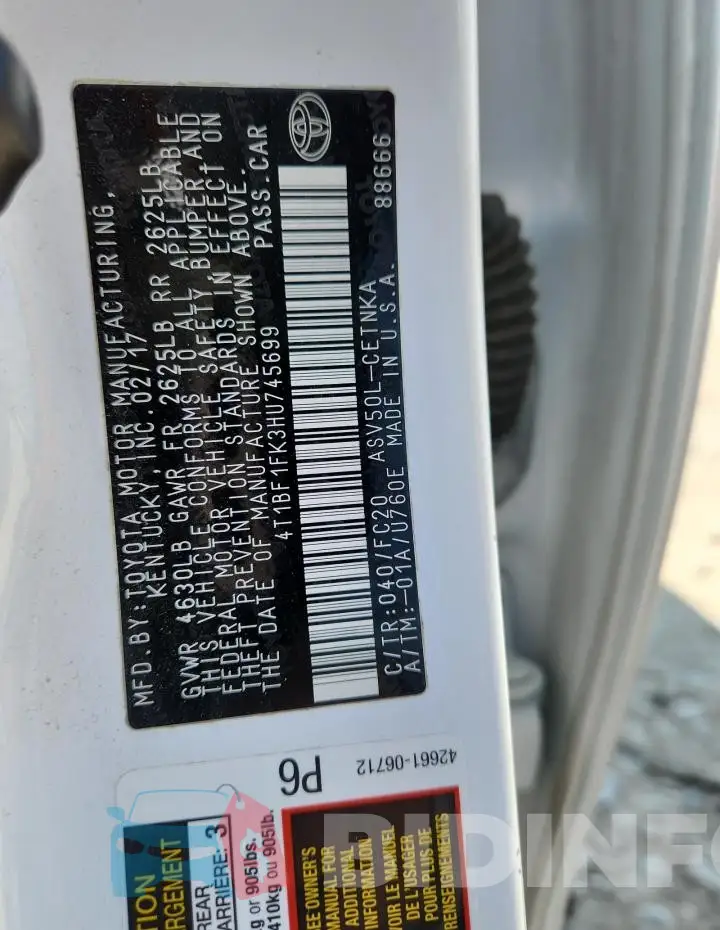 4T1BF1FK3HU745699 Photo# 12