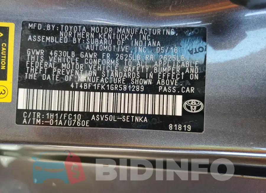 4T4BF1FK1GR581289 Photo# 12