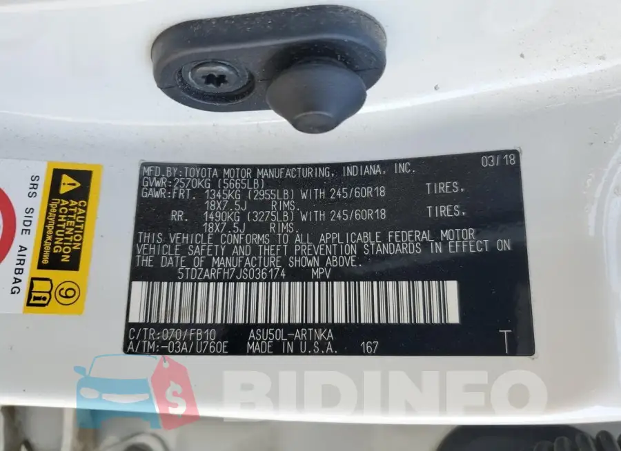 5TDZARFH7JS036174 Photo# 14