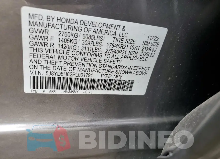 5J8YD8H82PL001791 Photo# 14
