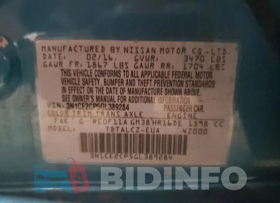 3N1CE2CP5GL389284 Photo# 13