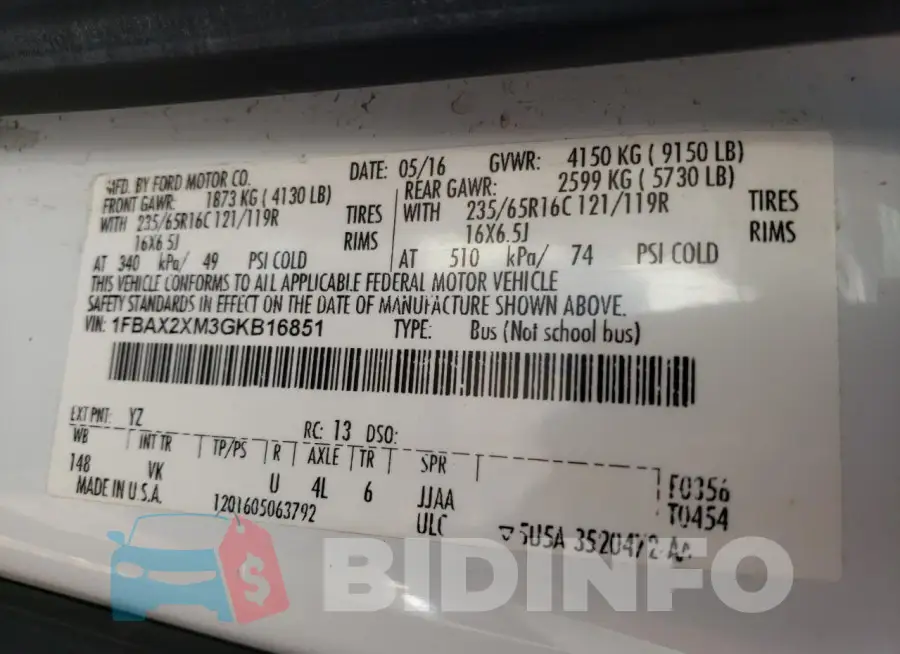 1FBAX2XM3GKB16851 Photo# 13