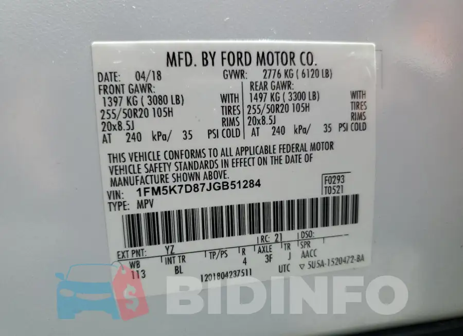 1FM5K7D87JGB51284 Photo# 13