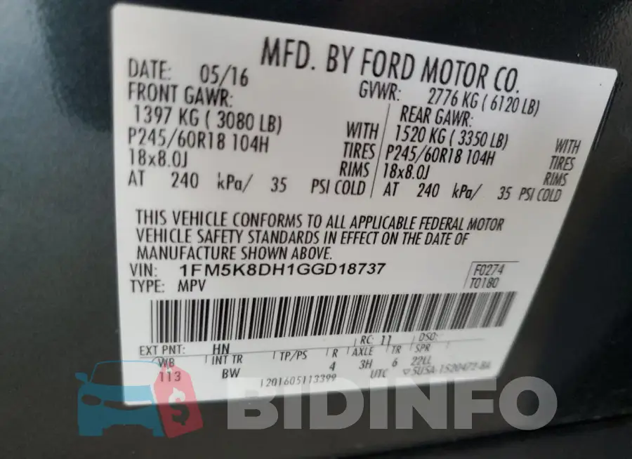 1FM5K8DH1GGD18737 Photo# 13