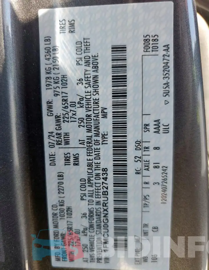 1FMCU0GNXRUB27438 Photo# 12