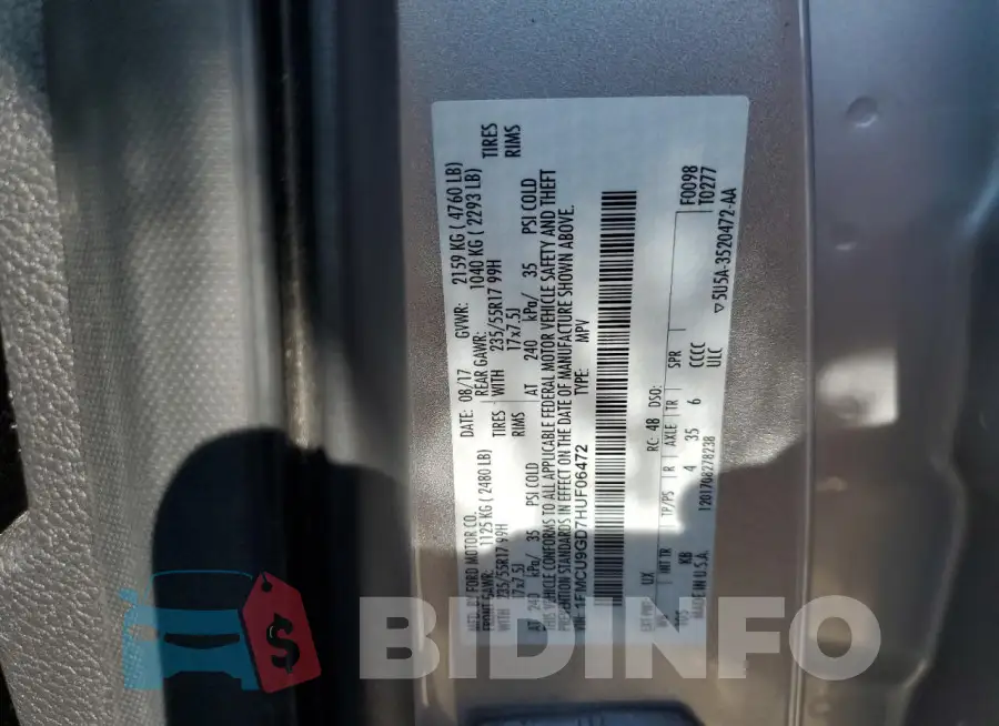 1FMCU9GD7HUF06472 Photo# 13