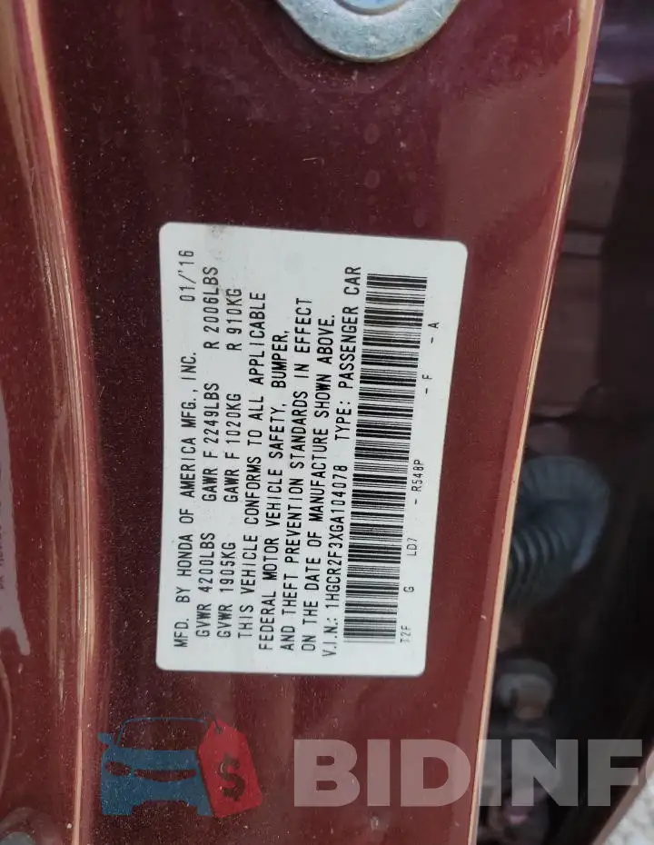 1HGCR2F3XGA104078 Photo# 12