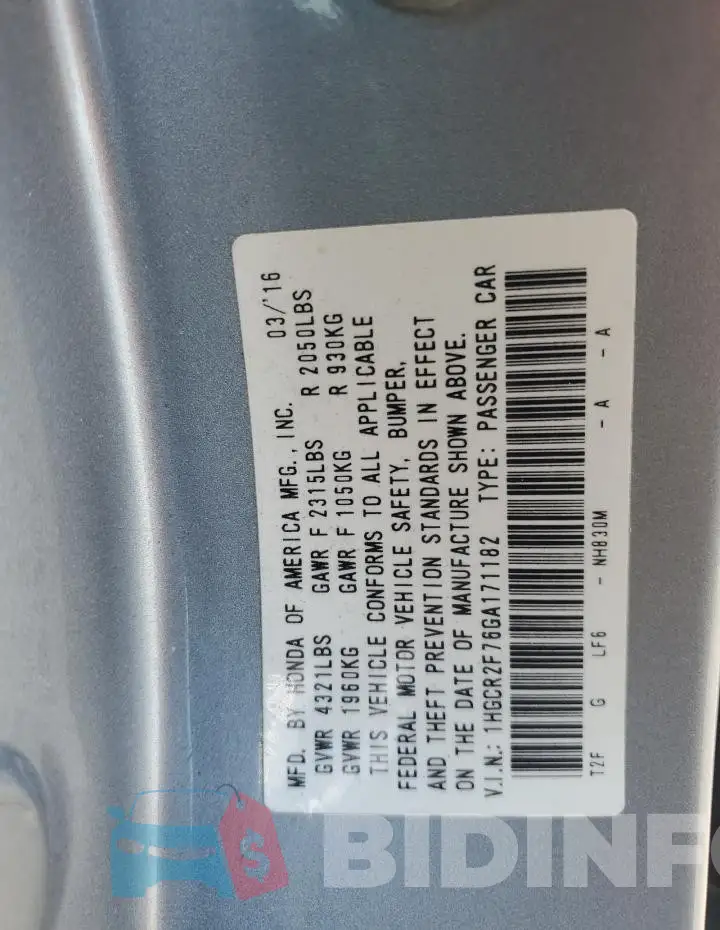 1HGCR2F76GA171182 Photo# 12
