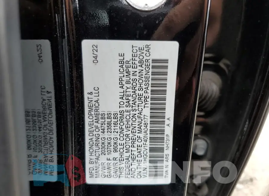 1HGCV1F40NA048177 Photo# 12