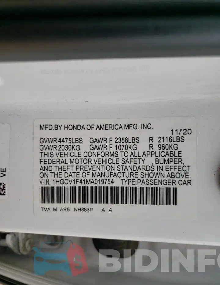 1HGCV1F41MA019754 Photo# 12