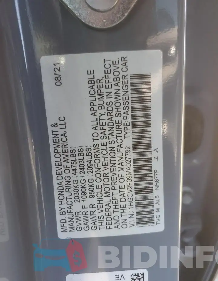 1HGCV2F39MA027792 Photo# 12