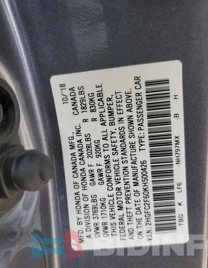 2HGFC2F60KH500426 Photo# 12