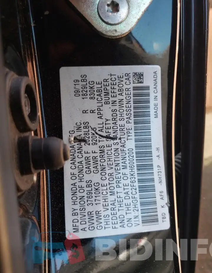 2HGFC2F63KH600200 Photo# 12