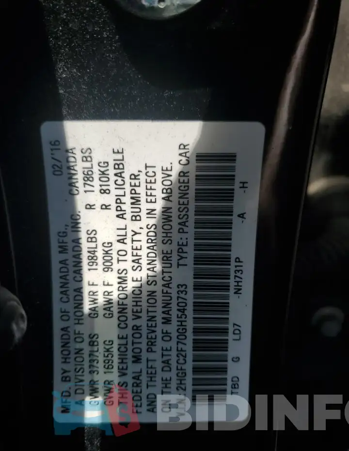 2HGFC2F70GH540733 Photo# 12