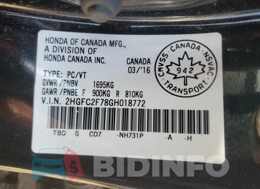 2HGFC2F78GH018772 Photo# 12