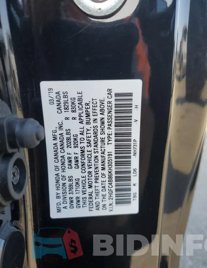 2HGFC4B86KH305191 Photo# 13