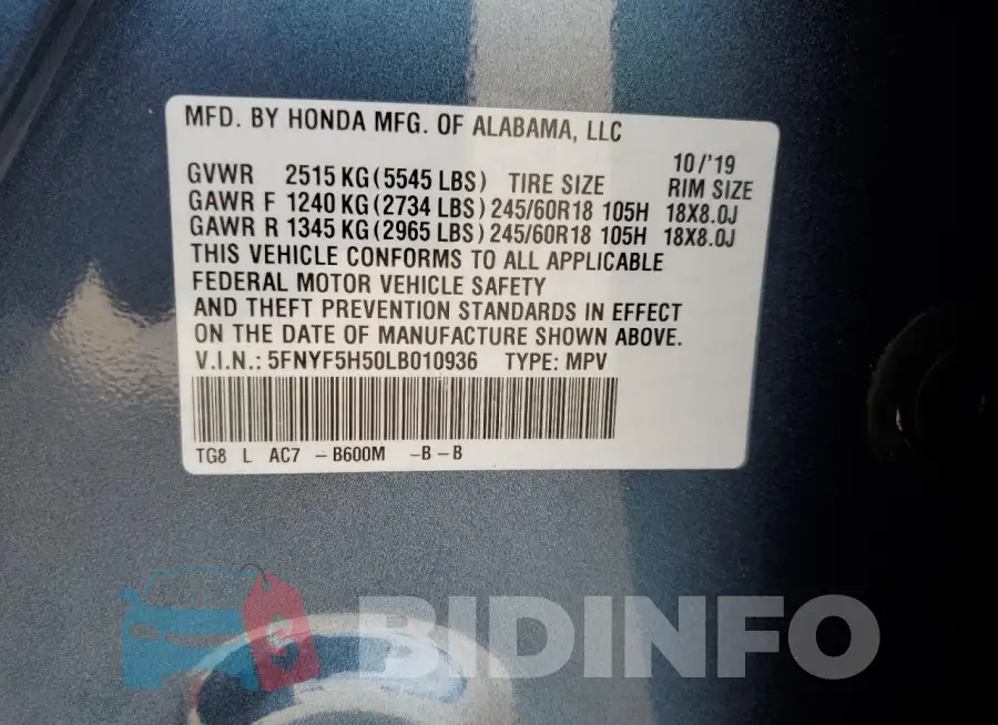 5FNYF5H50LB010936 Photo# 12