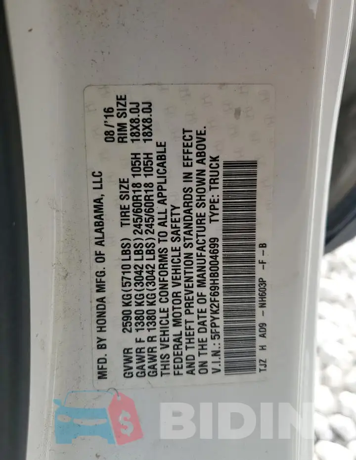 5FPYK2F69HB004699 Photo# 12