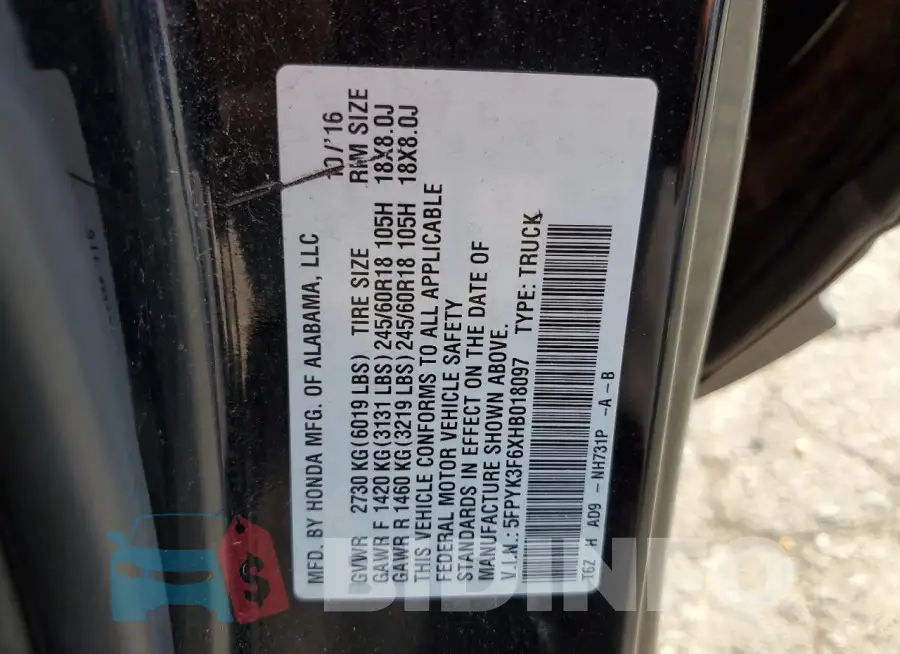 5FPYK3F6XHB018097 Photo# 12