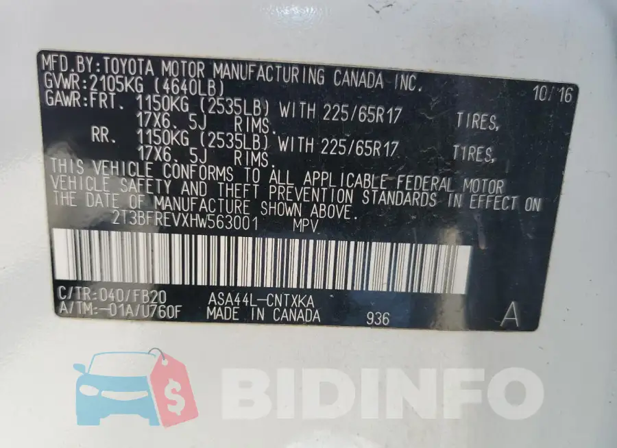 2T3BFREVXHW563001 Photo# 13